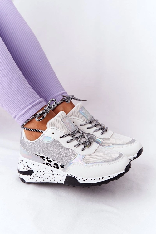 Damskie Sneakersy Na Koturnie Białe Z Brokatem Avery