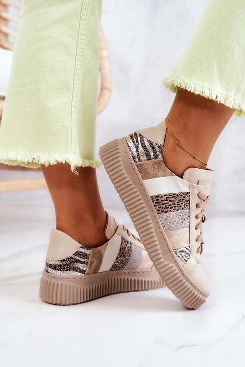 Skórzane Buty Sportowe Na Platformie Maciejka 05482-04 Beżowe