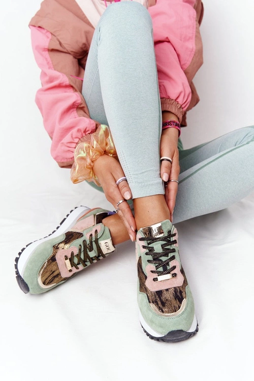 Zamszowe Sportowe Buty Na Platformie GOE HH2N4002 Zielono-Złote