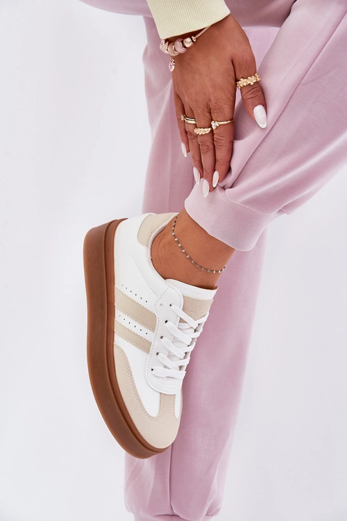 Sneakersy Damskie Na Platformie Z Eko Skóry Beżowo-Białe Ediriella