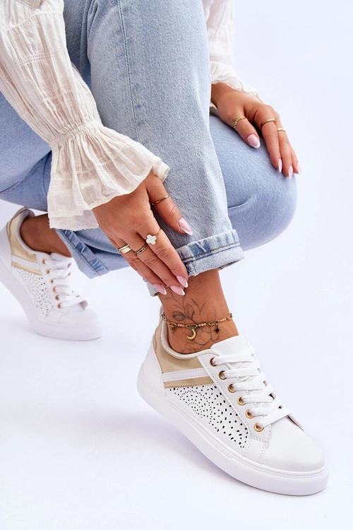 Klasyczne Sportowe Buty Z Ażurowym Wzorem Biało-Złote Happier