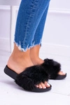 Damskie Czarne Klapki Z Dużym Futerkiem Fluffy