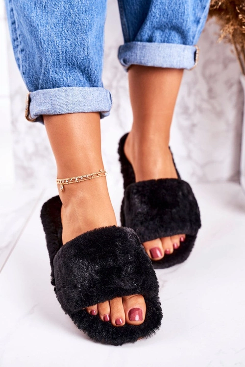 Damskie Klapki Papcie Futrzane Czarne Cold Days
