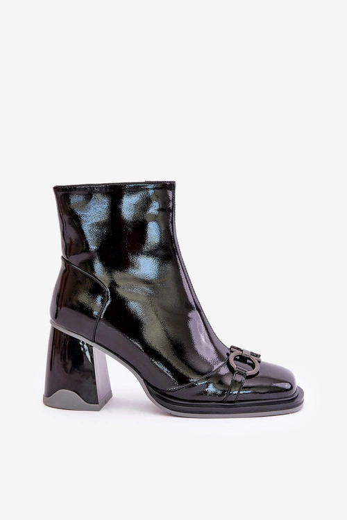 Lakierowane Botki Na Słupku Ocieplane Z Ozdobą D&A MR880-021 Czarne