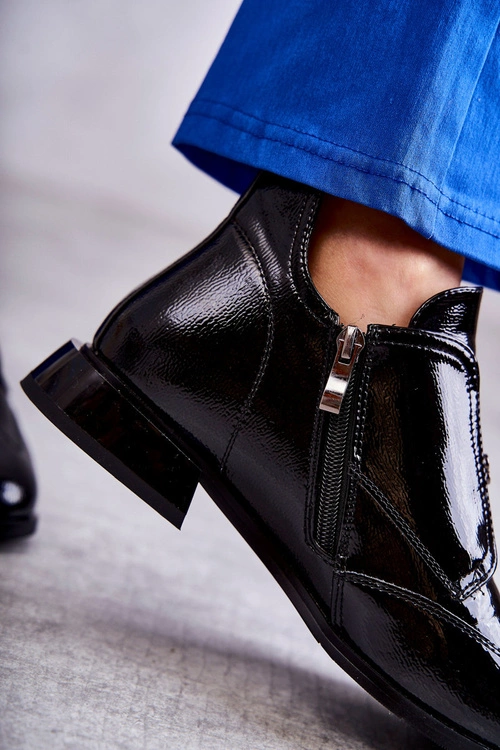 Lakierowane Niskie Botki Na Suwak Czarne Bettina