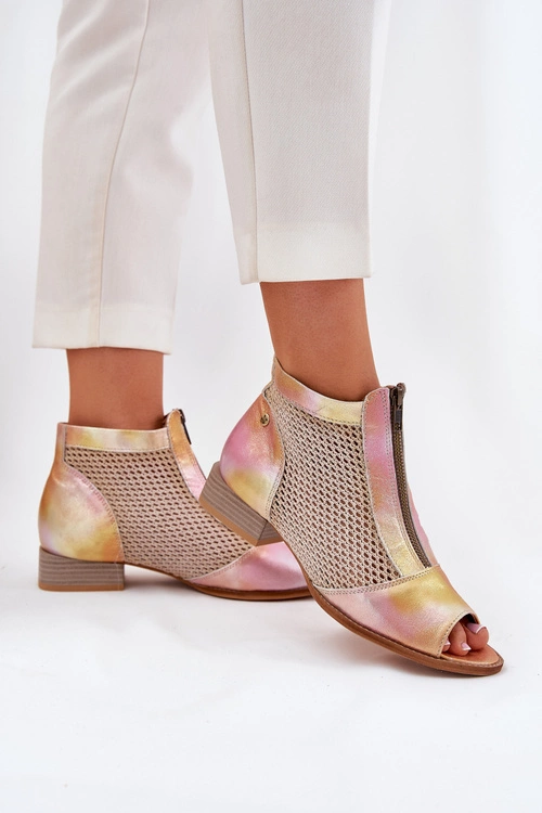 Skórzane Botki Damskie Na Płaskim Obcasie Z Odkrytymi Palcami Maciejka 06413-15 Różowo-Pomarańczowe