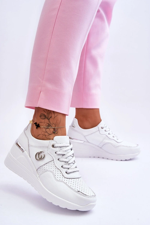 Damskie Skórzane Buty Sportowe Na Koturnie Biało-Srebrne Rebeca