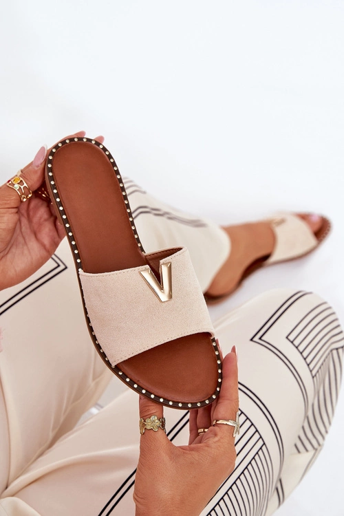 Klapki Damskie Na Płaskim Obcasie Z Ozdobnymi Detalami Beżowe Saliena