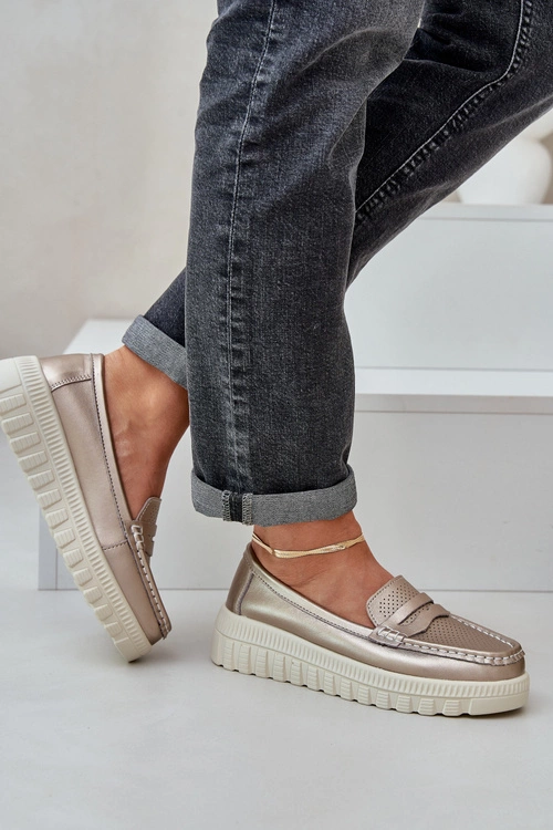 Skórzane Mokasyny Damskie Na Platformie I Koturnie Różowe Złoto Elanindel