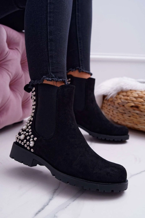 Botki Damskie Płaski Obcas Dżety Ćwieki Czarne Binary