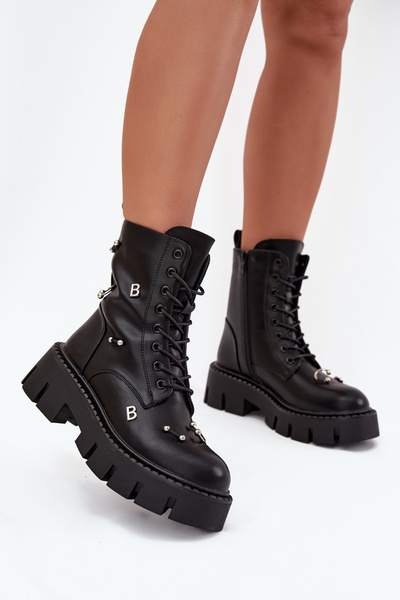 Botki Workery Damskie Z Ozdobami Ocieplane Czarne Lunea