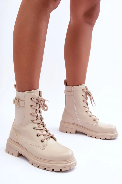 Skórzane Damskie Botki Workery Beżowe Chrezy