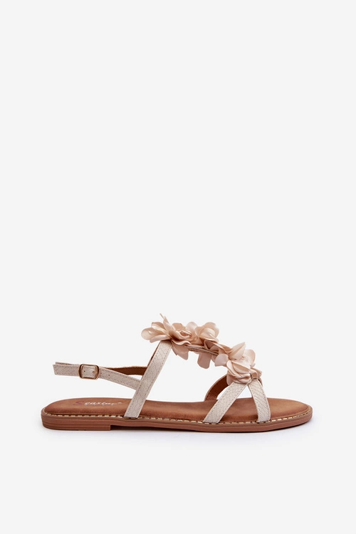 Sandały Damskie Płaskie Ozdobione Kwiatkami Beżowe Abidina