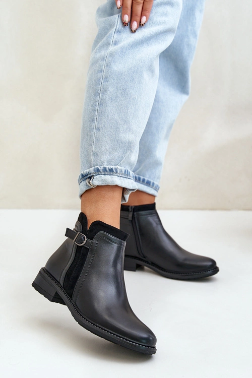 Ocieplane Botki Damskie Z Niską Cholewką Na Zamek Eko Skórzane Czarne Taitha