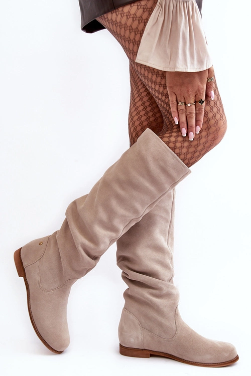 Damskie Zamszowe Kozaki Do Kolan Maciejka 05790-22 Jasnobeżowe