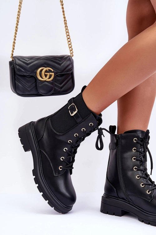 Skórzane Damskie Botki Workery Czarne Chrezy