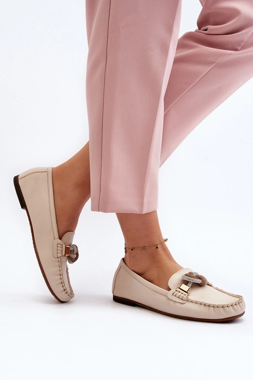 Skórzane Mokasyny Damskie Z Ozdobą Laura Messi 2761 Jasnobeżowe