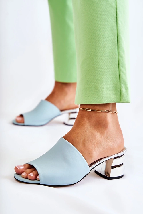 Skórzane Klapki Damskie Na Obcasie Niebieskie Perry