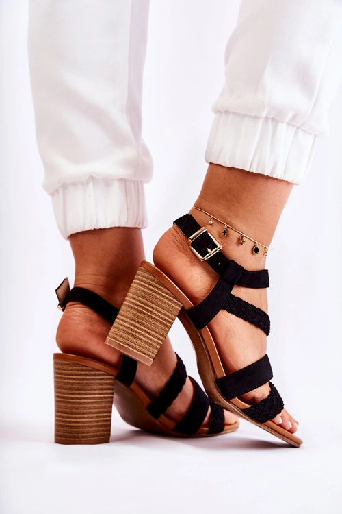 Zamszowe Damskie Sandały Na Słupku Czarne Elora