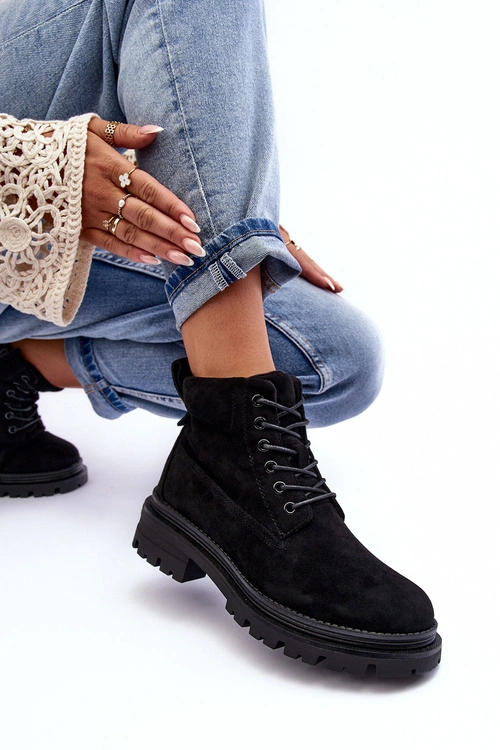 Zamszowe Trapery Botki Ocieplane Czarne Alden