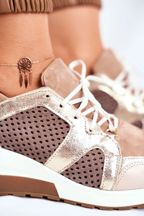 Skórzane Sneakersy Na Koturnie Beżowe Nicole 2562