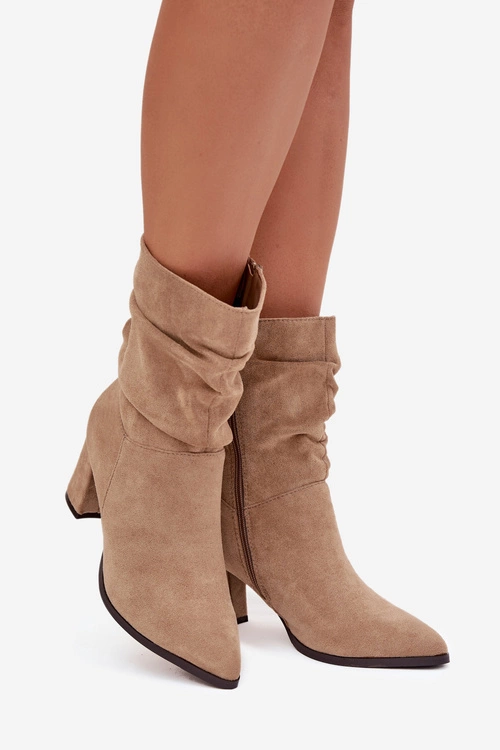 Botki Damskie Na Słupku Z Marszczeniem Ocieplane Beżowe Amelise