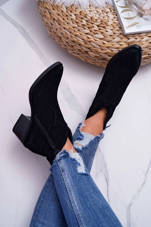 Damskie Botki Kowbojki Zamszowe Czarne Barski 1638