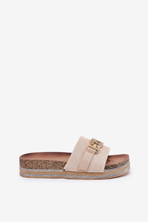 Klapki Damskie Ze Złotym Detalem Na Platformie Z Brokatem Beżowe Eanes
