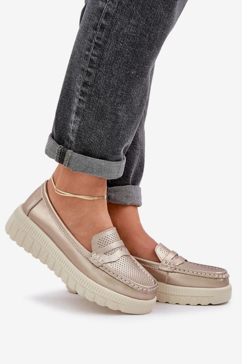 Skórzane Mokasyny Damskie Na Platformie I Koturnie Różowe Złoto Elanindel