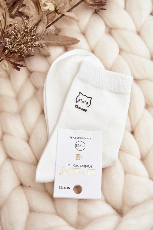 Damskie Gładkie Skarpety Z Kotkiem Białe