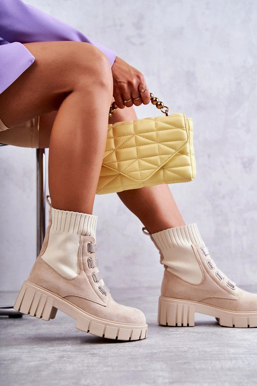 Zamszowe Wsuwane Botki Skarpetkowe Beżowe Hope