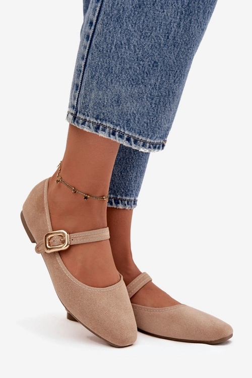 Baleriny Z Paskiem I Złotą Klamrą Eko Zamszowe Beżowe Adelora