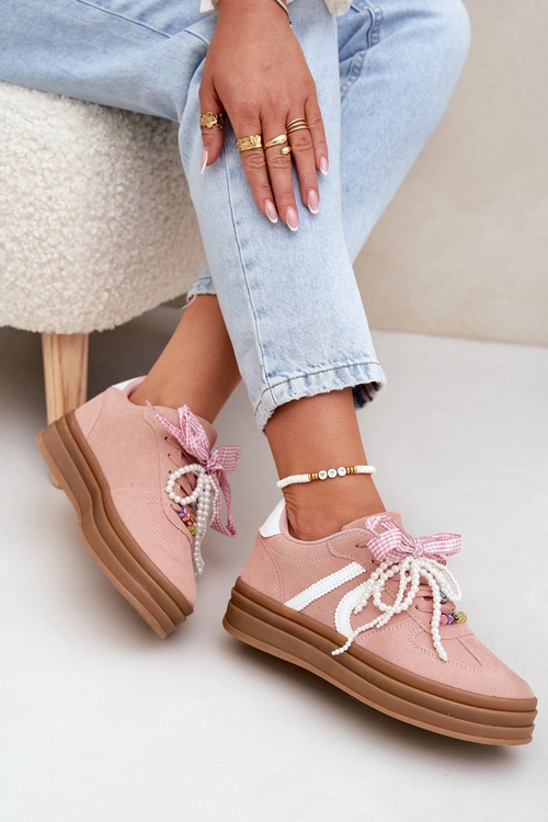 Sneakersy Damskie Na Platformie Z Ozdobami Różowe Vinness