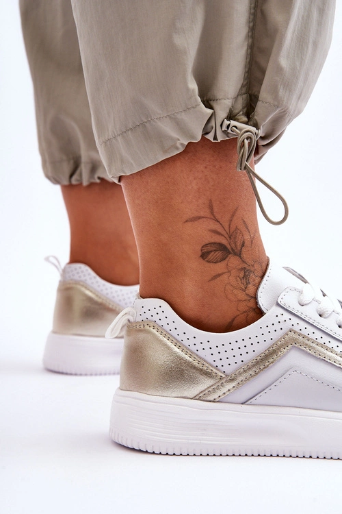 Damskie Skórzane Buty Sportowe Z Perforacją Biało-Złote Carvalo