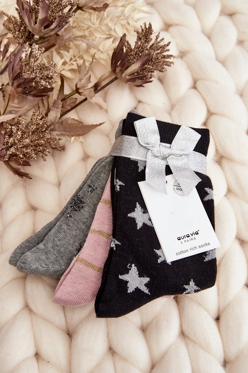 Damskie Świąteczne Skarpetki 3-Pak Szaro-Różowe