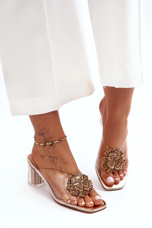 Transparentne Klapki Na Słupku Z Ozdobą Złote S.Barski MR1037-20