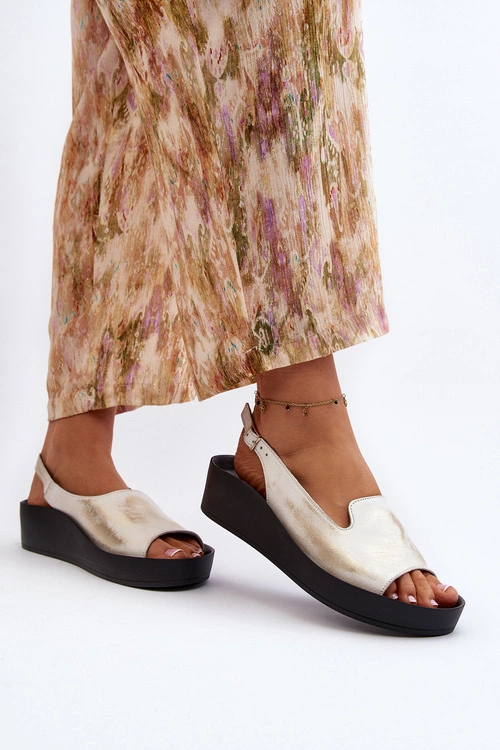 Zazoo 2893 Sandały Damskie Skórzane na Grubej Podeszwie Złoty Przecierany