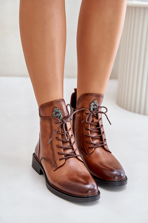 Ocieplane Botki Na Płaskim Obcasie Z Ozdobą Camel Leonise