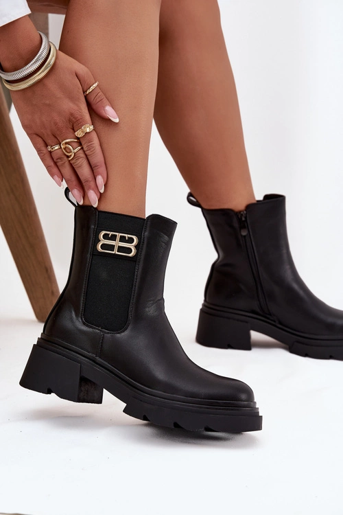 Botki Sztyblety Damskie Ze Złotym Detalem Ocieplane Czarne Serene