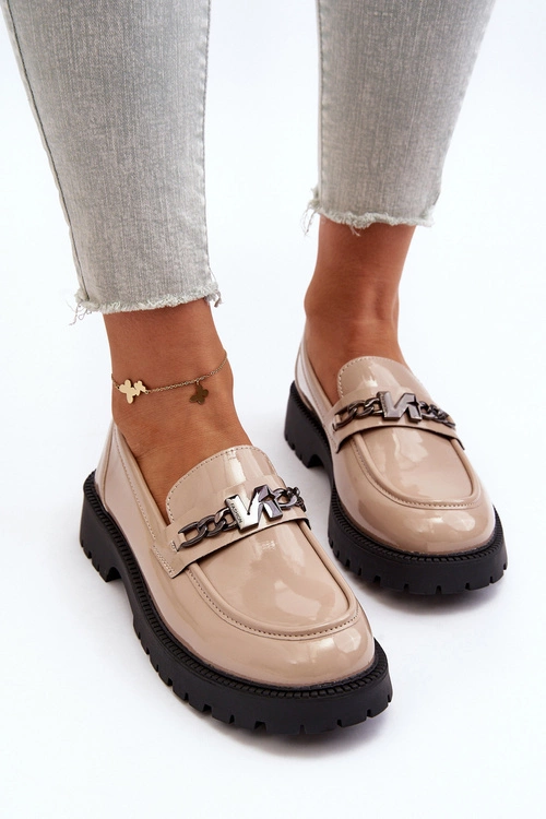 Mokasyny Lakierowane Damskie Na Płaskim Obcasie Beżowe Ezoma