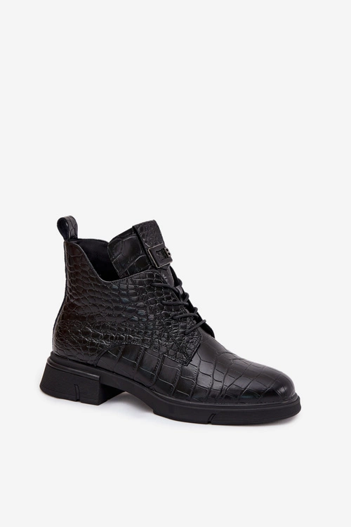 Skórzane Botki Z Ozdobnym Tłoczeniem Ocieplane Vinceza 66815 Czarne