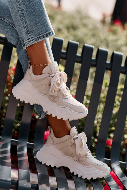 Damskie Skórzane Sneakersy Beżowe CheBello 4583