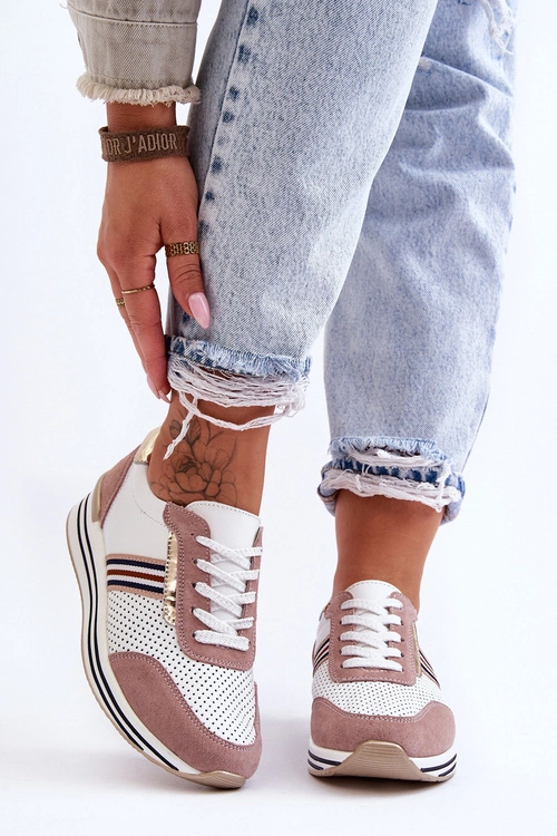 Skórzane Buty Sportowe S.Barski AL21575 Biało-Różowe