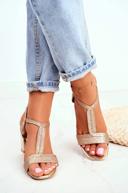 Sandały Damskie Na Słupku Brokatowe Złote Perfecto