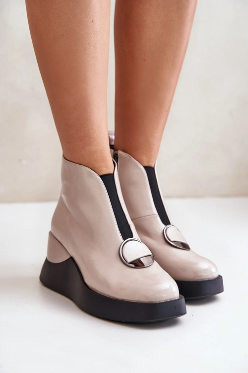 Lakierowane Botki Na Koturnie Ocieplane D&A MR880-136 Beżowe