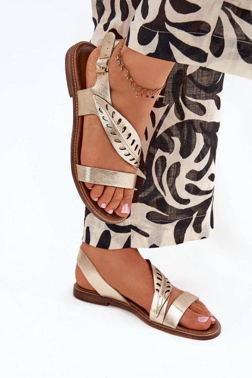 Sandały Damskie Z Naturalnej Skóry Na Płaskim Obcasie Zazoo 3564 Złote