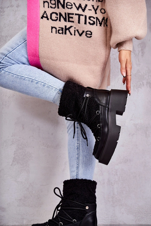 Damskie Botki Śniegowce Z Kożuszkiem Czarne Sanna