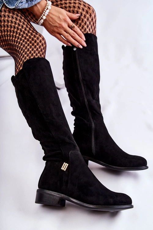 Zamszowe Kozaki Na Płaskim Obcasie Czarne Giulia