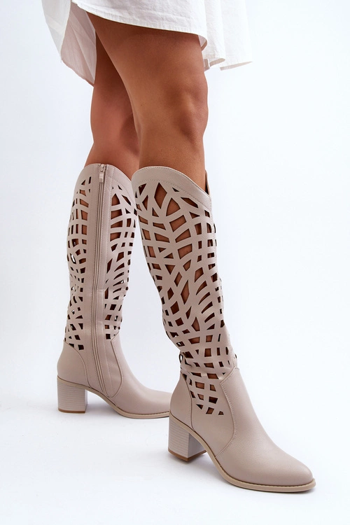 Ażurowe Kozaki Na Obcasie Beżowe Pinkema