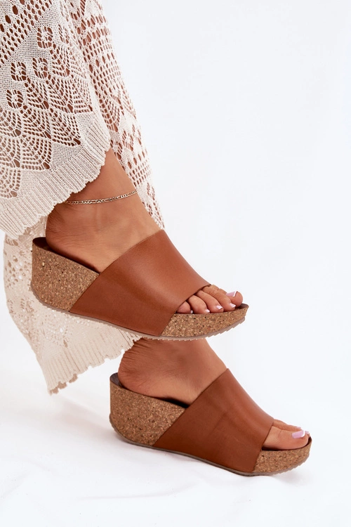 Zazoo 40291 Skórzane Klapki Damskie Na Korkowym Koturnie Brązowe